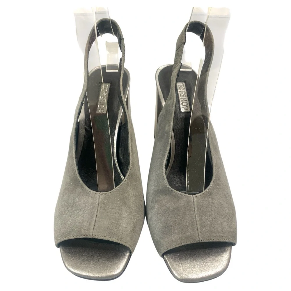 Topshop Roxy Gray Suede Slingback Size 9 Square Toe Metallic Octagon Heel